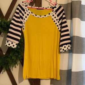 Yellow with navy and white stripes and pokadots